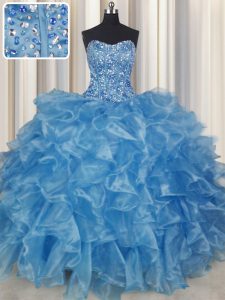 Visible Boning Floor Length Lace Up Quince Ball Gowns Baby Blue for Military Ball and Sweet 16 and Quinceanera with Beading and Ruffles