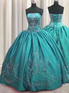 Ideal Teal 15 Quinceanera Dress Military Ball and Sweet 16 and Quinceanera with Beading and Embroidery Strapless Sleeveless Lace Up