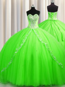 High Quality Brush Train Ball Gowns Quinceanera Dresses Sweetheart Tulle Sleeveless Lace Up