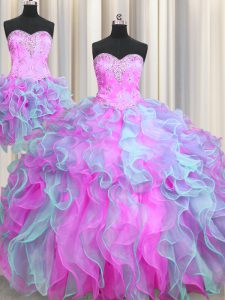 Lovely Three Piece Multi-color Organza Lace Up Sweetheart Sleeveless Quince Ball Gowns Beading and Ruffles