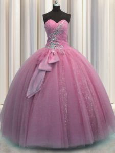 Modest Sleeveless Lace Up Floor Length Beading and Sequins and Bowknot 15th Birthday Dress