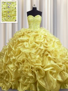 Pick Ups With Train Gold Vestidos de Quinceanera Sweetheart Sleeveless Court Train Lace Up