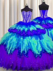 Bling-bling Visible Boning Multi-color Ball Gowns Sweetheart Sleeveless Tulle Floor Length Lace Up Beading and Ruffles and Ruffled Layers and Sequins Sweet 16 Quinceanera Dress