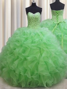 Sleeveless Organza Floor Length Lace Up Vestidos de Quinceanera in with Beading and Ruffles