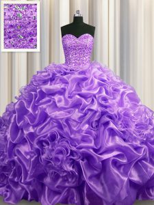 Lavender Ball Gowns Sweetheart Sleeveless Organza With Train Court Train Lace Up Beading and Pick Ups Quinceanera Dresses