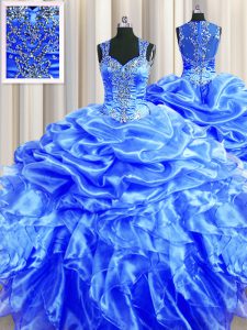 High Quality Zipper Up See Through Back Straps Sleeveless 15th Birthday Dress Floor Length Beading and Ruffles and Pick Ups Blue Organza