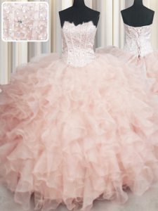 Visible Boning Floor Length Peach Ball Gown Prom Dress Scalloped Sleeveless Lace Up