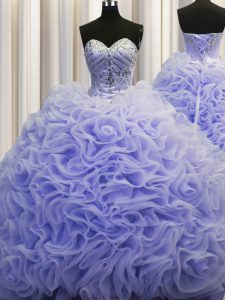 Brush Train Lavender Ball Gowns Beading and Pick Ups 15 Quinceanera Dress Lace Up Fabric With Rolling Flowers Sleeveless
