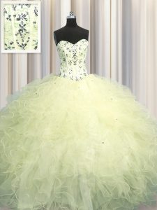 Attractive Visible Boning Sweetheart Sleeveless Quinceanera Gown Floor Length Beading and Appliques and Ruffles Light Yellow Tulle