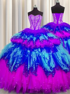 Designer Bling-bling Visible Boning Sleeveless Lace Up Floor Length Beading and Ruffles and Ruffled Layers and Sequins Sweet 16 Quinceanera Dress
