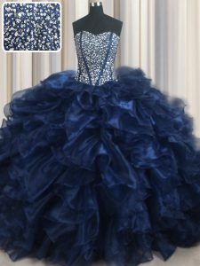 Gorgeous Visible Boning Bling-bling Sweetheart Sleeveless Sweet 16 Quinceanera Dress With Brush Train Beading and Ruffles Navy Blue Organza