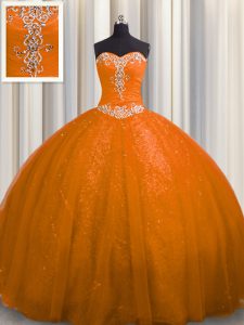 Rust Red Lace Up Sweetheart Beading and Appliques Sweet 16 Dresses Tulle and Sequined Sleeveless Court Train