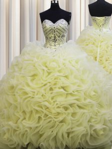 Cute Brush Train Light Yellow Lace Up Sweetheart Beading and Pick Ups Ball Gown Prom Dress Fabric With Rolling Flowers Sleeveless