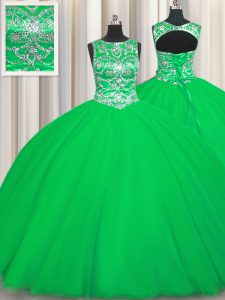 Stylish Green Tulle Lace Up Scoop Sleeveless Floor Length Quinceanera Dresses Beading
