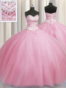 Chic Bling-bling Big Puffy Rose Pink Sleeveless Tulle Lace Up 15 Quinceanera Dress for Military Ball and Sweet 16 and Quinceanera