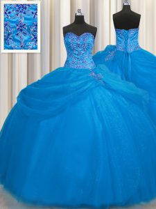 Delicate Really Puffy Blue Tulle Lace Up 15 Quinceanera Dress Sleeveless Floor Length Beading