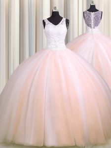 See Through Back Zipple Up V-neck Sleeveless Brush Train Zipper Quinceanera Gowns Baby Pink and Peach Tulle