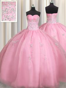 Modern Sleeveless Organza Floor Length Zipper 15th Birthday Dress in Rose Pink with Beading and Appliques