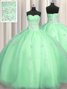 Eye-catching Puffy Skirt Apple Green Ball Gowns Sweetheart Sleeveless Organza Floor Length Zipper Beading and Appliques Quinceanera Dress
