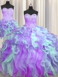 Three Piece Floor Length Multi-color Quinceanera Gown Organza Sleeveless Beading and Appliques