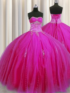 Really Puffy Floor Length Fuchsia Sweet 16 Dresses Tulle Sleeveless Beading and Appliques
