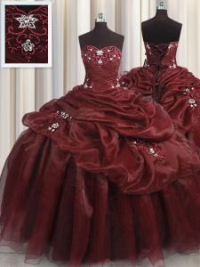 Custom Made Burgundy Organza Lace Up Sweet 16 Dresses Sleeveless Floor Length Beading and Appliques and Pick Ups