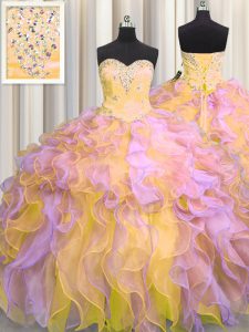 Suitable Multi-color Lace Up Sweetheart Beading and Appliques and Ruffles Sweet 16 Quinceanera Dress Organza Sleeveless