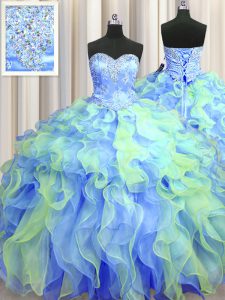 Fashionable Sweetheart Sleeveless Organza 15 Quinceanera Dress Beading and Appliques and Ruffles Lace Up