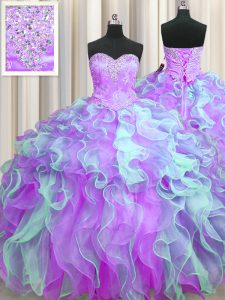 New Arrival Sweetheart Sleeveless Quinceanera Gowns Floor Length Beading and Appliques and Ruffles Multi-color Organza