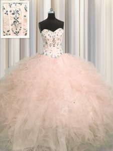 New Arrival Visible Boning Tulle Sweetheart Sleeveless Lace Up Beading and Appliques and Ruffles Quince Ball Gowns in Pink