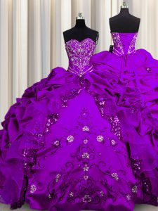 Sequins Purple Sweet 16 Quinceanera Dress Military Ball and Sweet 16 and Quinceanera with Beading and Embroidery and Ruffles Sweetheart Sleeveless Lace Up