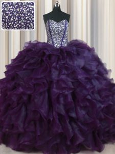 Dynamic Visible Boning Bling-bling Dark Purple Lace Up Sweet 16 Dress Beading and Ruffles Sleeveless With Brush Train