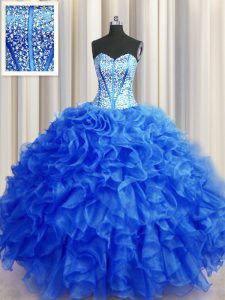 Exceptional Visible Boning Beaded Bodice Royal Blue Ball Gowns Beading and Ruffles Quince Ball Gowns Lace Up Organza Sleeveless Floor Length