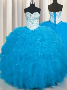 Ideal Floor Length Lace Up 15th Birthday Dress Baby Blue for Military Ball and Sweet 16 and Quinceanera with Beading and Ruffles