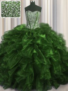 Eye-catching Visible Boning Olive Green Lace Up Sweetheart Beading and Ruffles Quinceanera Dress Organza Sleeveless Brush Train