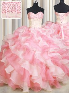 Stylish Visible Boning Two Tone Pink And White Sleeveless Floor Length Beading and Ruffles Lace Up Sweet 16 Dress