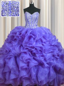 Bling-bling Lavender 15 Quinceanera Dress Military Ball and Sweet 16 and Quinceanera with Beading and Ruffles Sweetheart Sleeveless Brush Train Lace Up