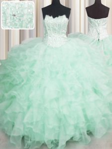 Flirting Scalloped Visible Boning Sleeveless Organza Floor Length Lace Up Quinceanera Gowns in Apple Green with Beading and Ruffles