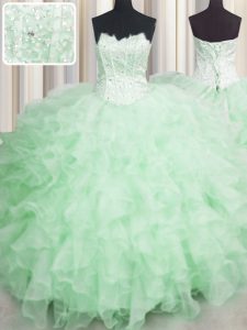Scalloped Visible Boning Apple Green Sleeveless Floor Length Beading and Ruffles Lace Up Quinceanera Dress