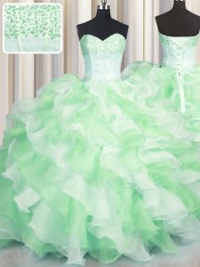 Designer Visible Boning Two Tone Multi-color Sleeveless Beading and Ruffles Floor Length Sweet 16 Dresses
