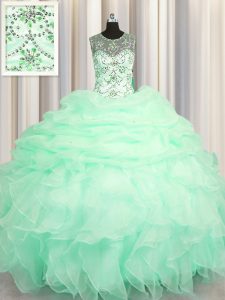 Vintage Scoop See Through Floor Length Apple Green Sweet 16 Dress Organza Sleeveless Beading and Ruffles and Pick Ups