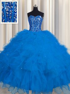 Visible Boning Blue 15 Quinceanera Dress Military Ball and Sweet 16 and Quinceanera with Beading and Ruffles and Sequins Sweetheart Sleeveless Lace Up