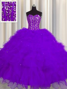 Visible Boning Floor Length Purple Quince Ball Gowns Tulle Sleeveless Beading and Ruffles and Sequins