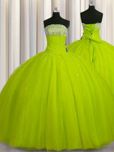 Big Puffy Floor Length Yellow Green Quinceanera Dress Strapless Sleeveless Lace Up