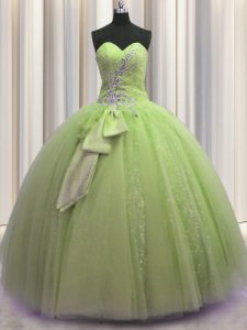 Custom Design Yellow Green Sleeveless Beading and Sequins and Bowknot Floor Length Quinceanera Dress