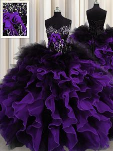 Attractive Black And Purple Lace Up Sweetheart Beading and Ruffles Quinceanera Gowns Organza and Tulle Sleeveless