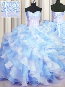 Great Two Tone Visible Boning Blue And White Lace Up Ball Gown Prom Dress Beading and Ruffles Sleeveless Floor Length