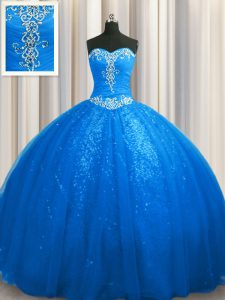 Simple Sweetheart Sleeveless Court Train Lace Up Sweet 16 Quinceanera Dress Blue Tulle and Sequined