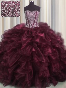 Visible Boning Bling-bling Sleeveless Brush Train Beading and Ruffles Lace Up 15th Birthday Dress