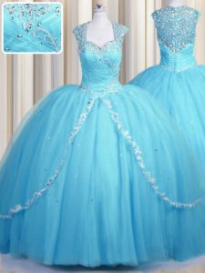 See Through With Train Baby Blue Sweet 16 Dresses Tulle Brush Train Cap Sleeves Beading and Appliques